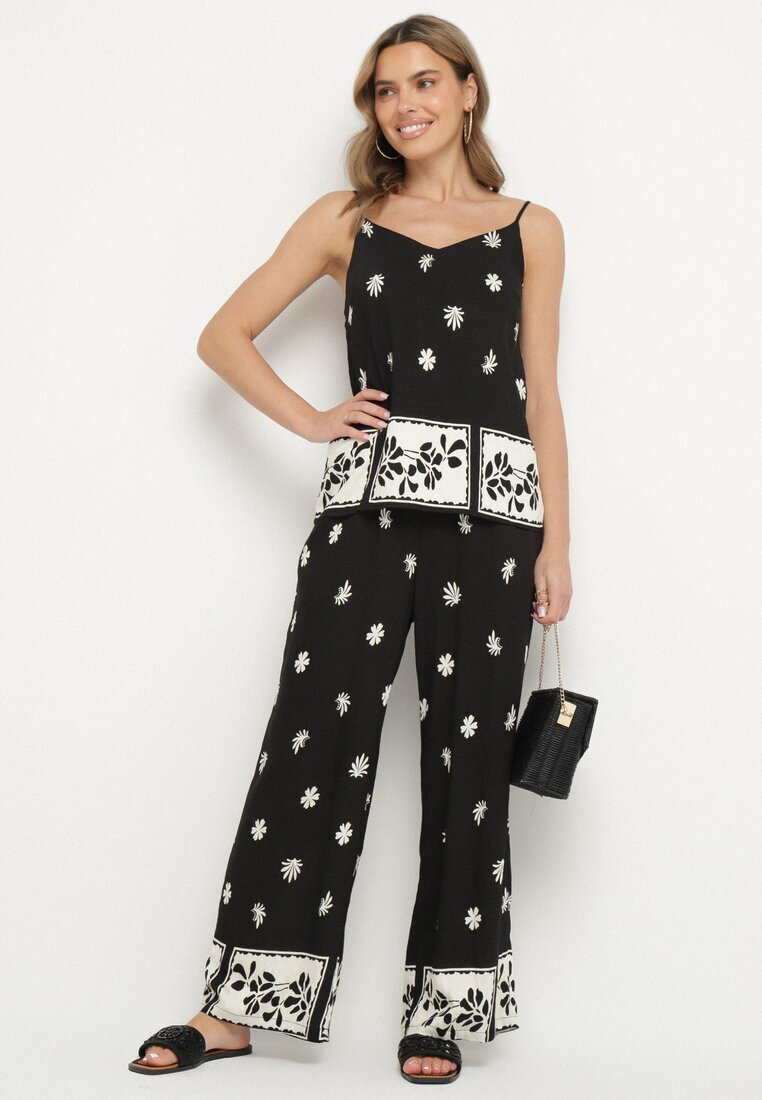 h&s Set Negru Din Viscoză Tricou cu bretele și Pantaloni cu flori Adisira