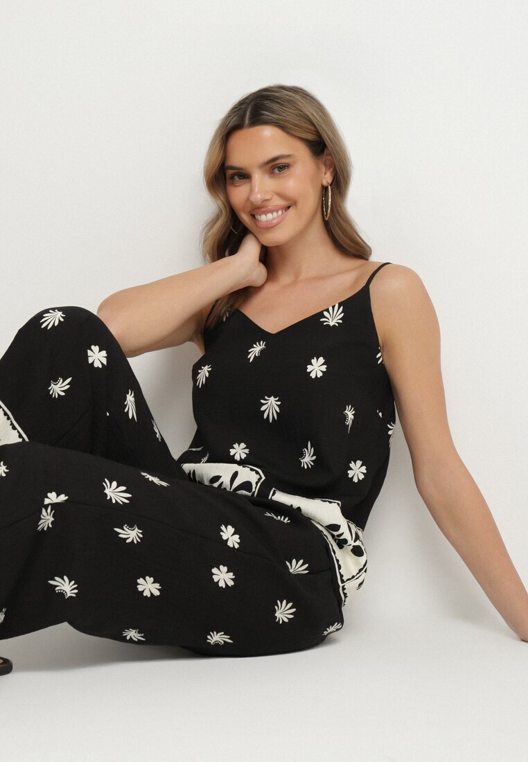h&s Set Negru Din Viscoză Tricou cu bretele și Pantaloni cu flori Adisira