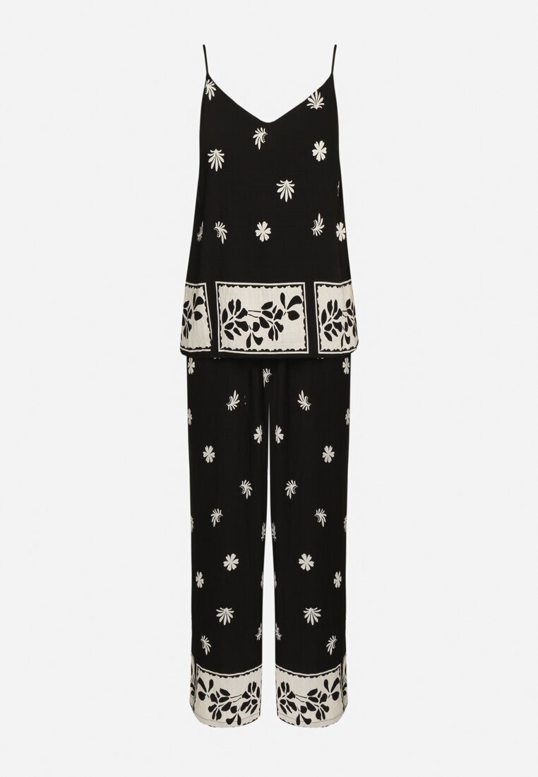h&s Set Negru Din Viscoză Tricou cu bretele și Pantaloni cu flori Adisira