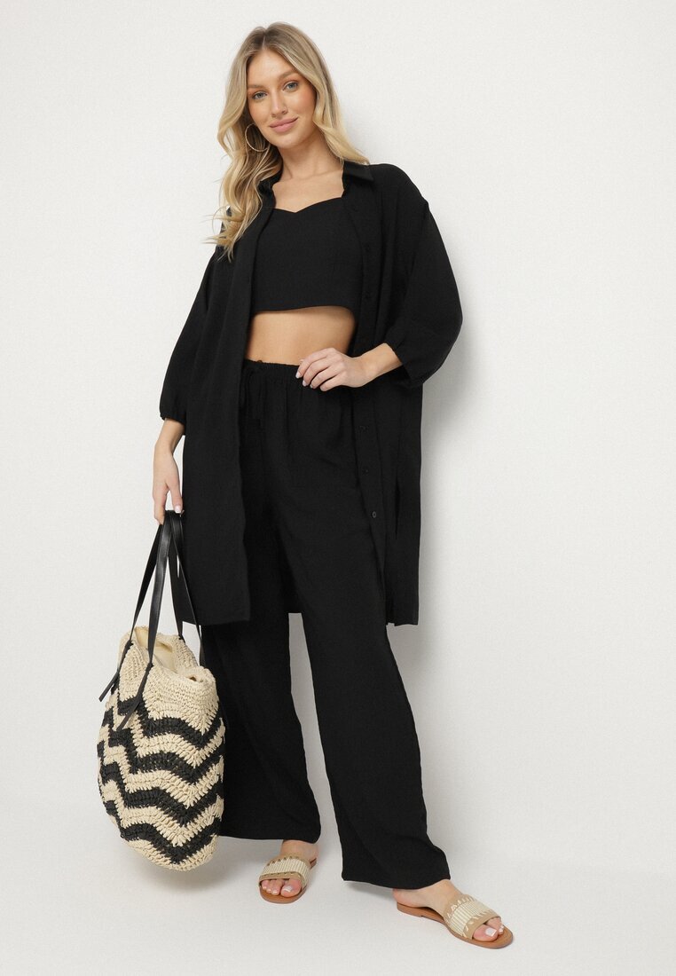 h&s Set Negru Top cu bretele subțiri Cămașă lungă și Pantaloni largi Adirive