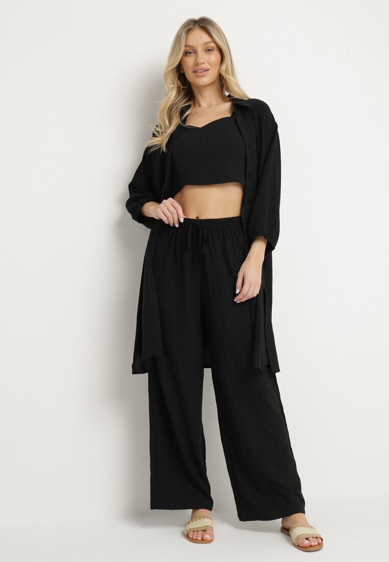 h&s Set Negru Top cu bretele subțiri Cămașă lungă și Pantaloni largi Adirive