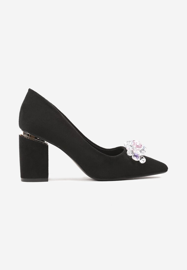 haver Pantofi cu toc Negru-Argintiu cu toc gros cu vârf ascuțit și cristale decorative Halenti
