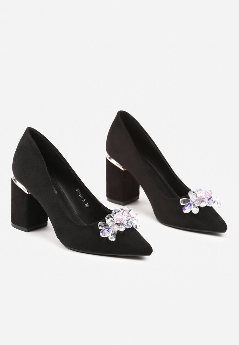 haver Pantofi cu toc Negru-Argintiu cu toc gros cu vârf ascuțit și cristale decorative Halenti