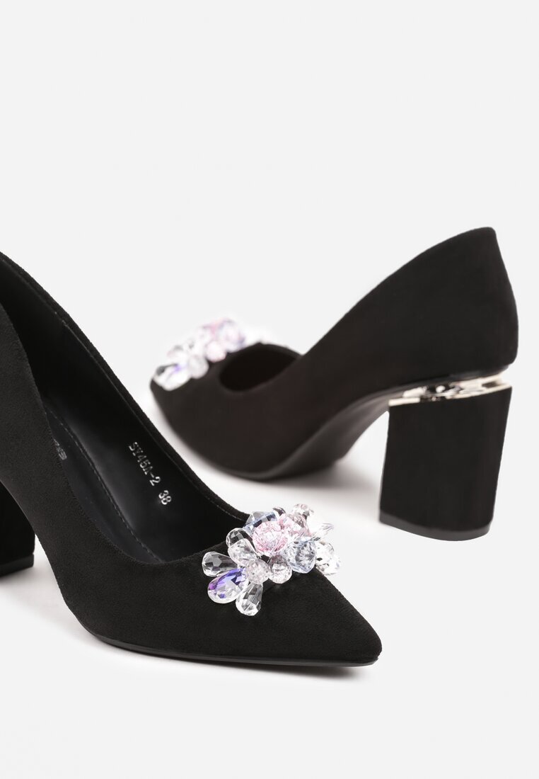 haver Pantofi cu toc Negru-Argintiu cu toc gros cu vârf ascuțit și cristale decorative Halenti