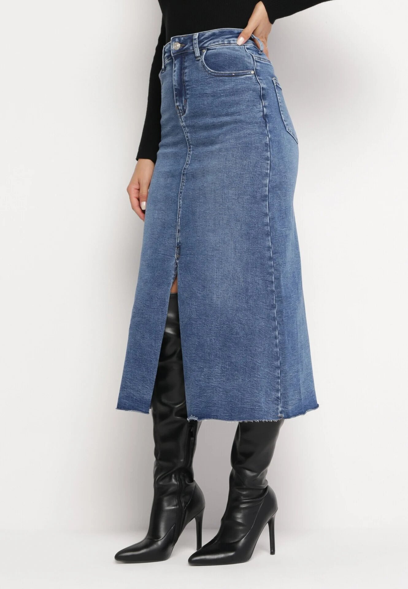 hello miss Fustă Albastră De blugi Maxi cu Talie Înaltă Nicyela