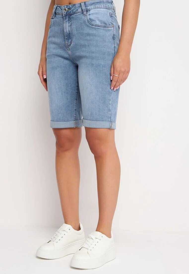 hello miss Pantaloni scurți din denim albaștri cu talie înaltă și bumbac decorați cu rupturi Nelixa