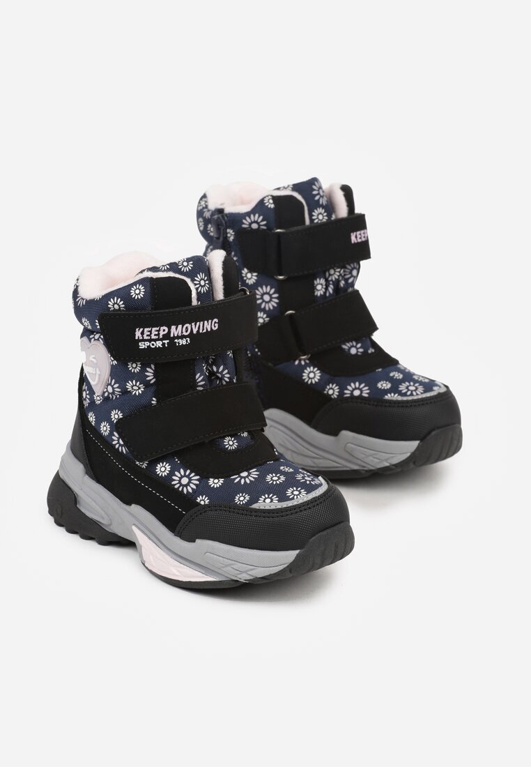 ht kids shoes Cizme de zăpadă Bleumarin cu Flori și Inimă și Textul Alwedina
