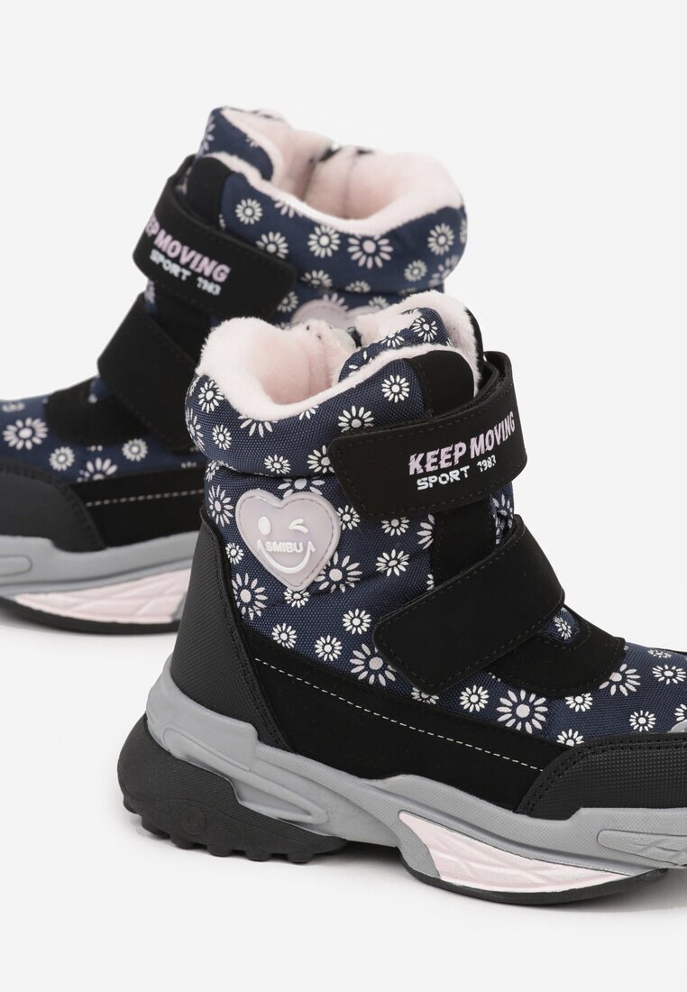 ht kids shoes Cizme de zăpadă Bleumarin cu Flori și Inimă și Textul Alwedina