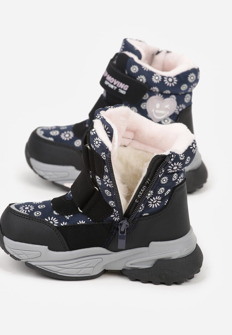ht kids shoes Cizme de zăpadă Bleumarin cu Flori și Inimă și Textul Alwedina