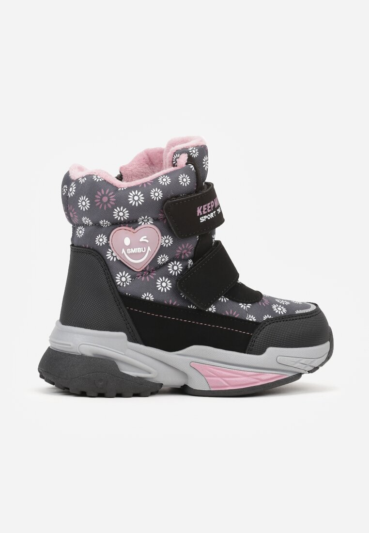 ht kids shoes Ghete de zăpadă Gri cu Flori cu Inimă și Inscriere Alwedina