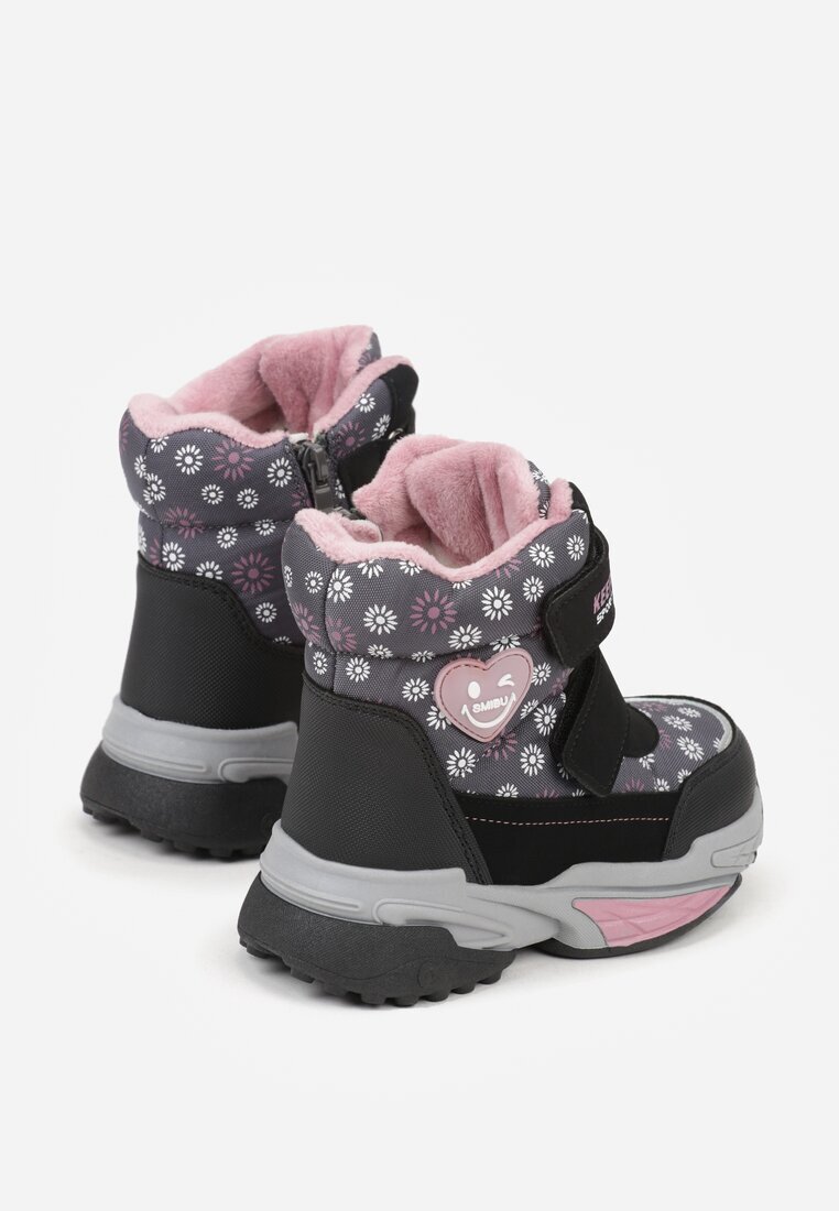 ht kids shoes Ghete de zăpadă Gri cu Flori cu Inimă și Inscriere Alwedina