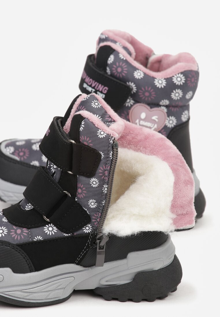 ht kids shoes Ghete de zăpadă Gri cu Flori cu Inimă și Inscriere Alwedina