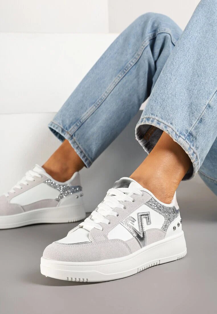 ideal Adidași Alb-Gri cu Sclipici și Ornamente Metalice Pillara