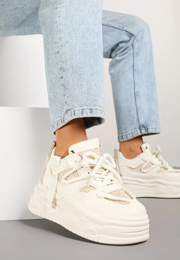 ideal Adidași Bej cu Talpă Groasă cu Șireturi Decorative Punea