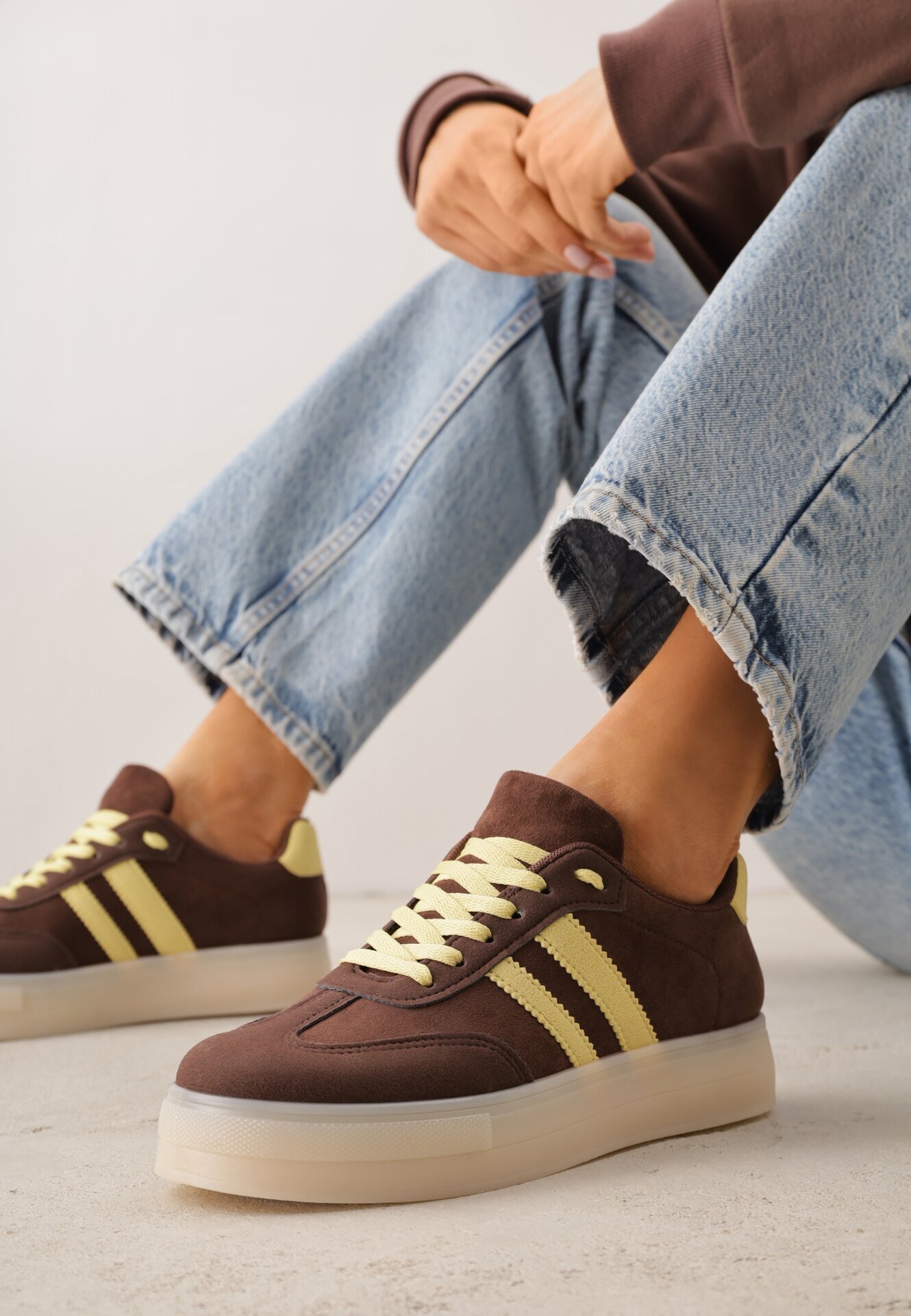 ideal Adidași Maro închis pe Talpă Groasă de Cauciuc cu Dungi pe Laterale Ninlili