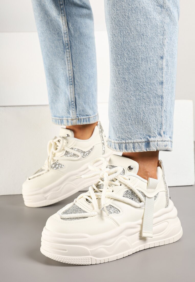ideal Adidași Streetwear Bej pe Platformă cu Sclipici și Aplicații Maivessa