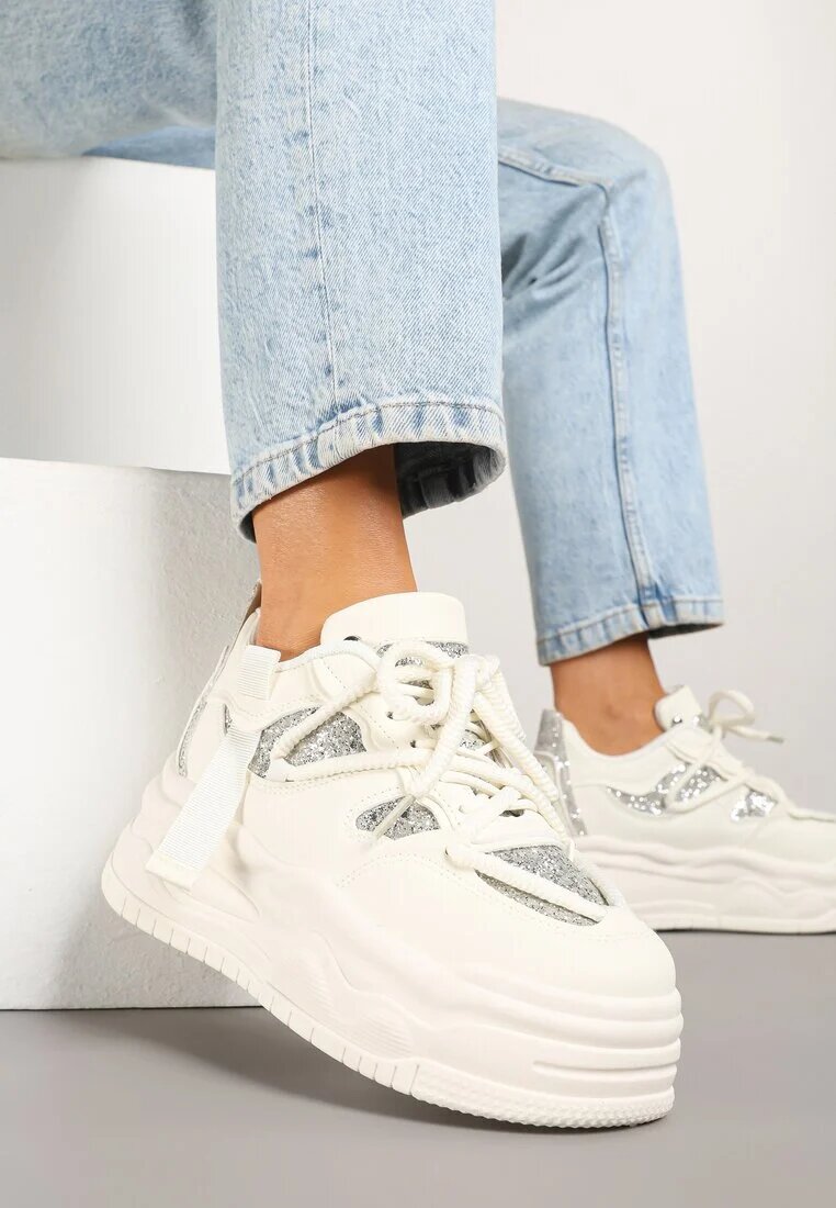 ideal Adidași Streetwear Bej pe Platformă cu Sclipici și Aplicații Maivessa