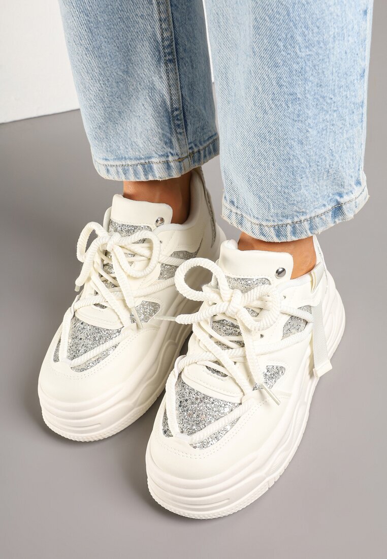 ideal Adidași Streetwear Bej pe Platformă cu Sclipici și Aplicații Maivessa