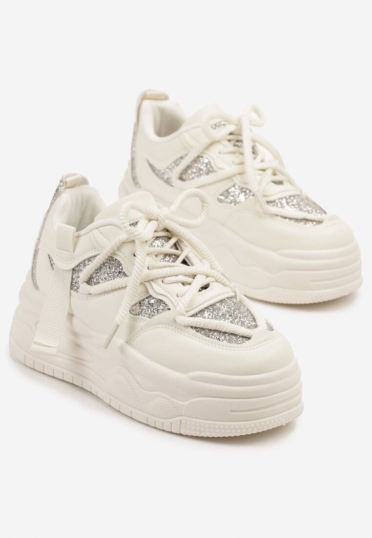 ideal Adidași Streetwear Bej pe Platformă cu Sclipici și Aplicații Maivessa