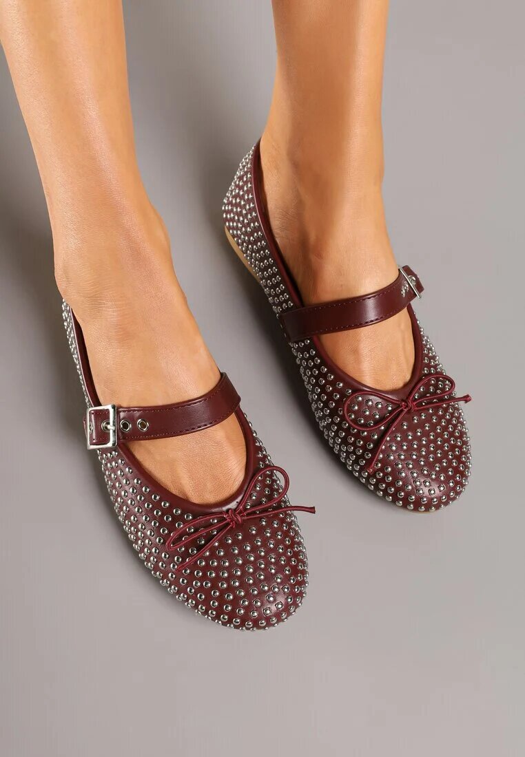 ideal Balerini Bordeaux Tip Mary Jane cu Zirconii și Fundă Luriellea