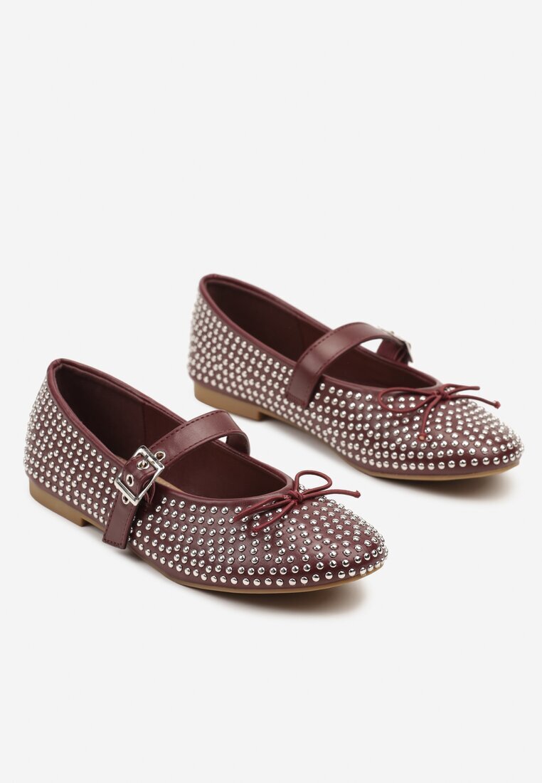 ideal Balerini Bordeaux Tip Mary Jane cu Zirconii și Fundă Luriellea