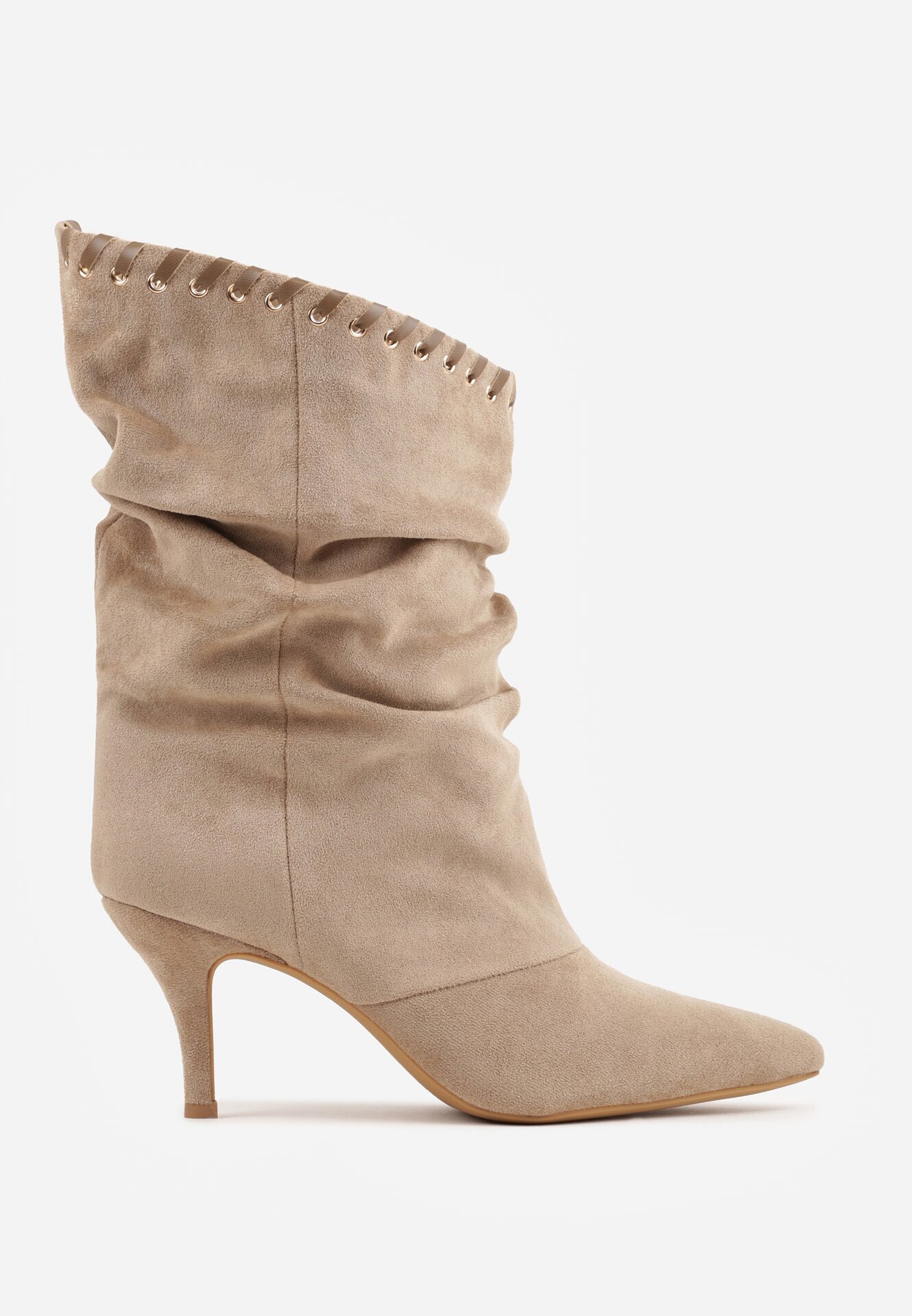 ideal Botine cu toc subțire din piele întoarsă ecologică cu carâmb fronsat și șnur decorativ Simia Bej închis