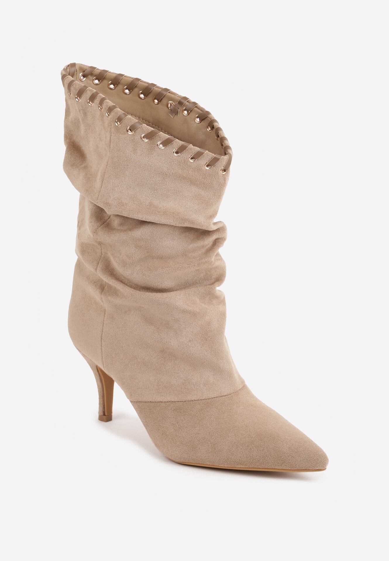 ideal Botine cu toc subțire din piele întoarsă ecologică cu carâmb fronsat și șnur decorativ Simia Bej închis