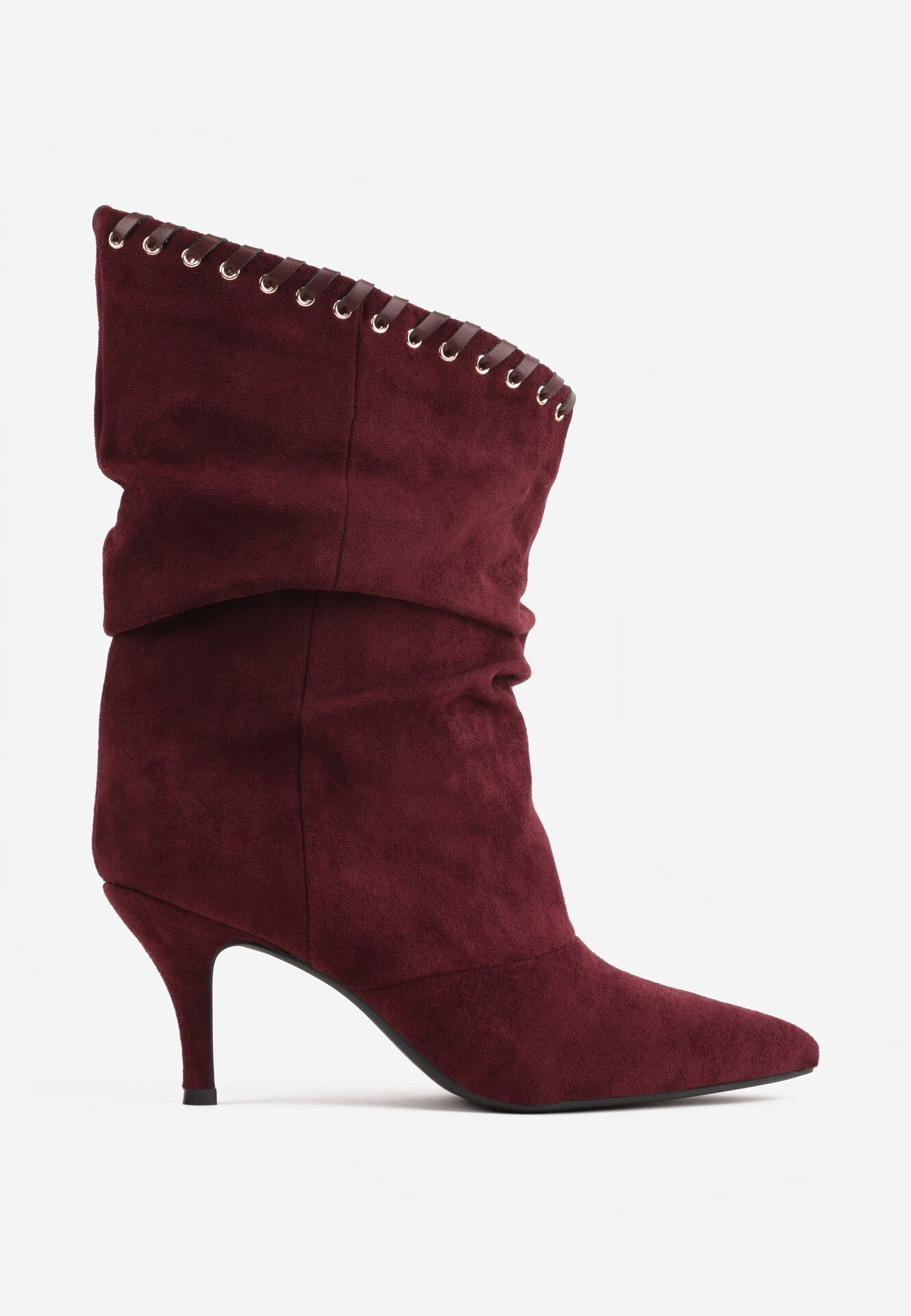 ideal Botine cu toc subțire din piele întoarsă ecologică cu carâmb fronsat și șnur decorativ Simia Bordo