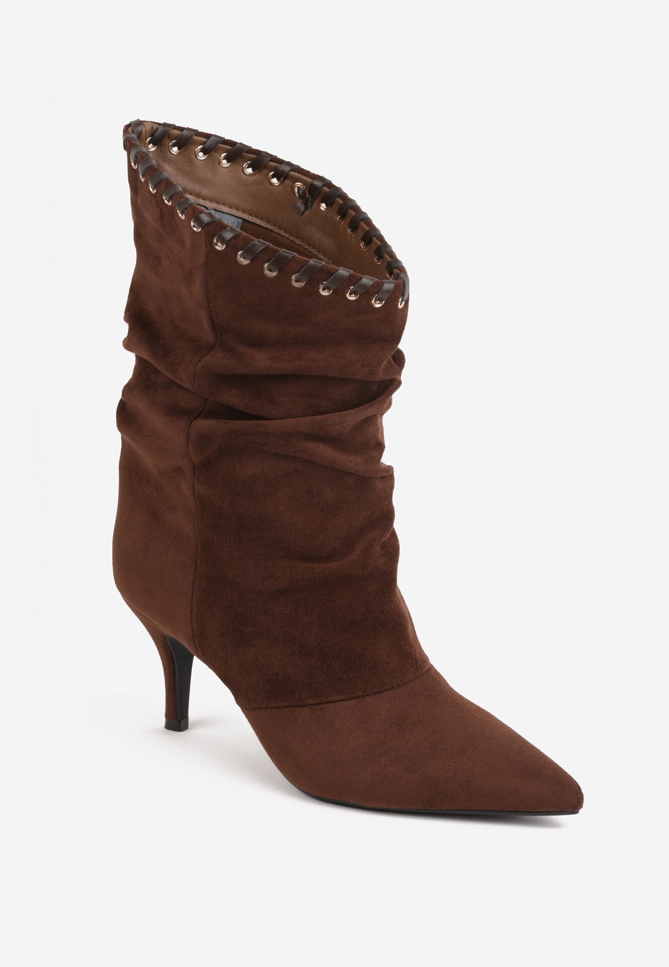 ideal Botine cu toc subțire din piele întoarsă ecologică cu carâmb fronsat și șnur decorativ Simia Maro