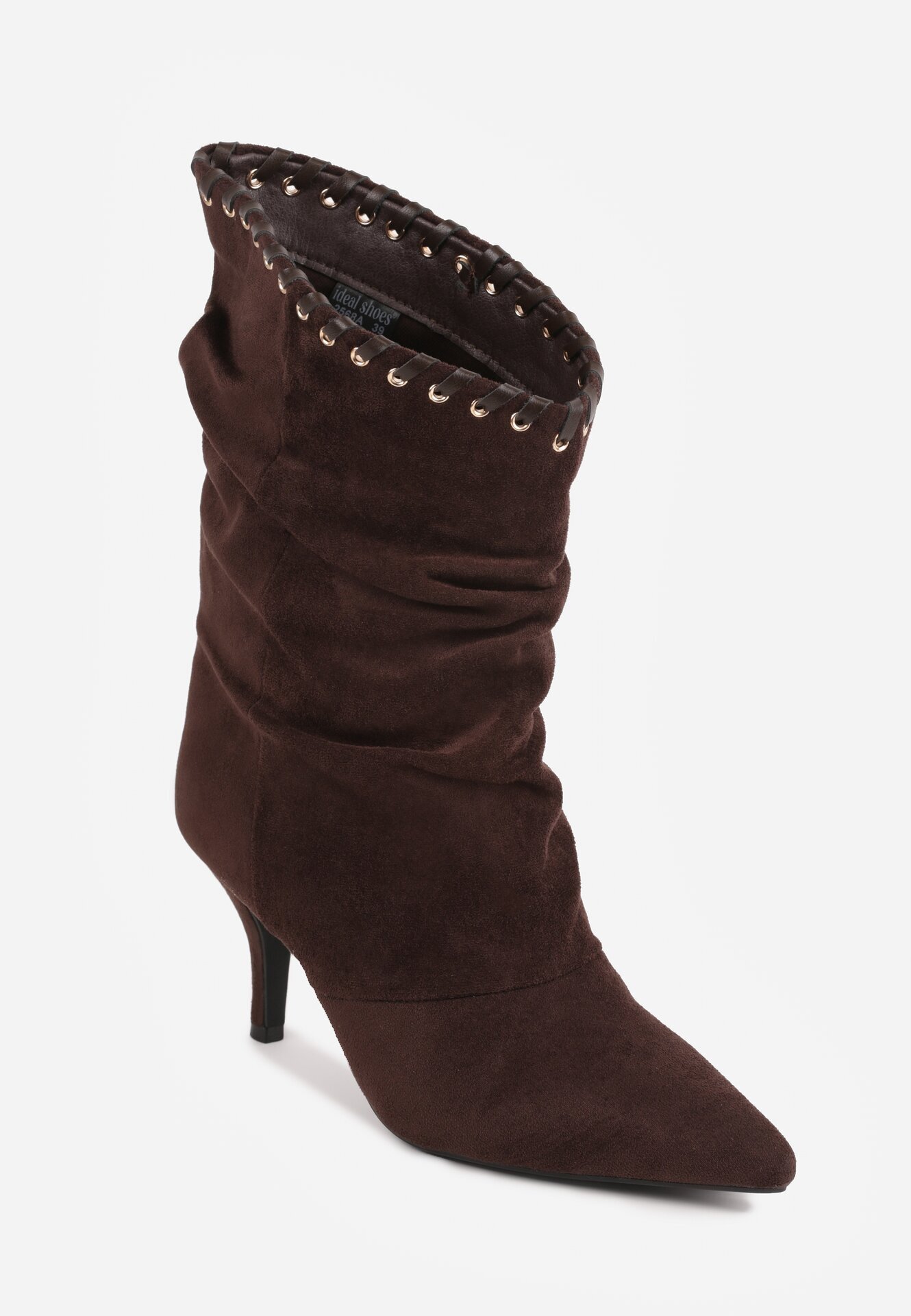 ideal Botine cu toc subțire din piele întoarsă ecologică cu carâmb fronsat și șnur decorativ Simia Maro
