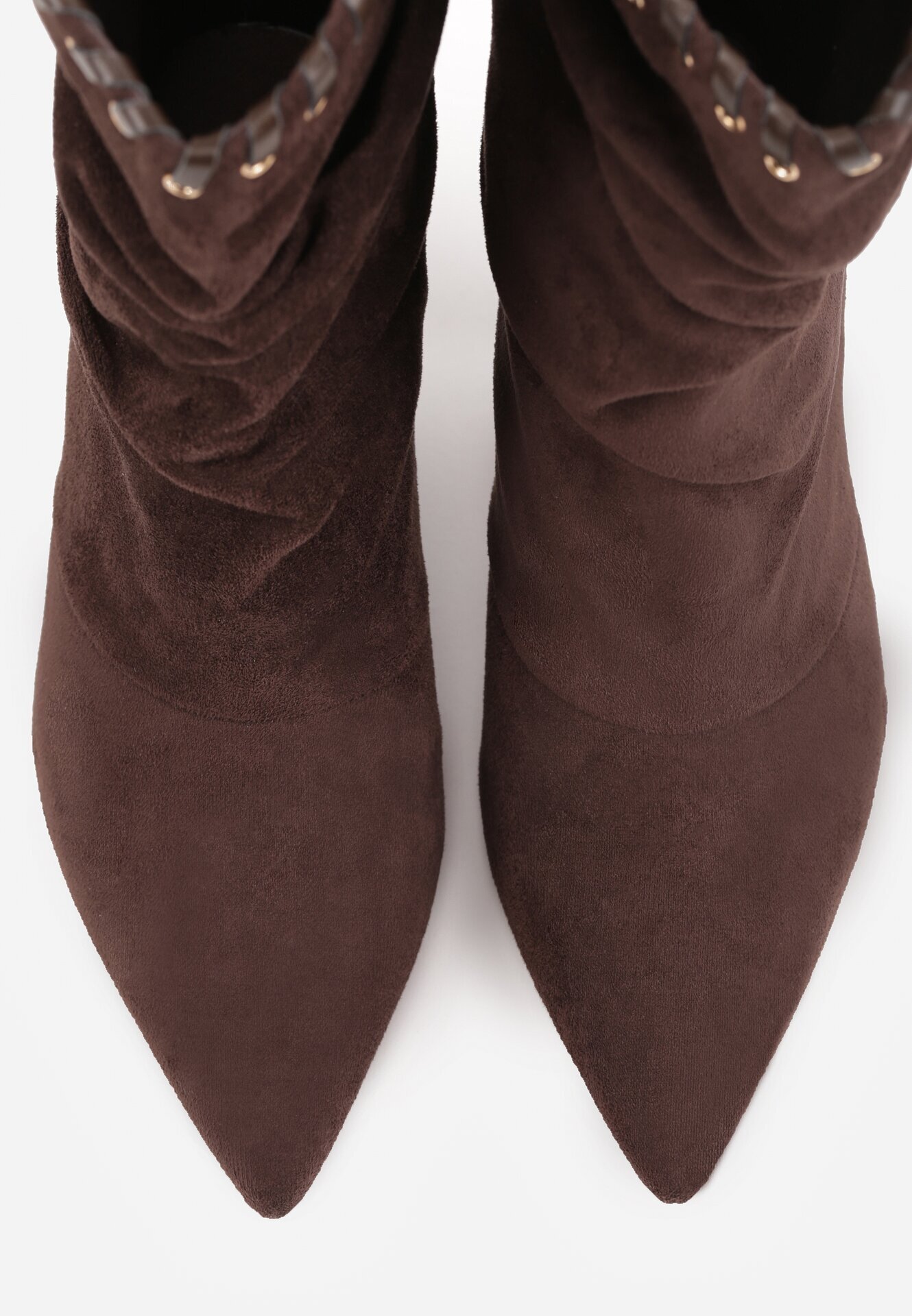 ideal Botine cu toc subțire din piele întoarsă ecologică cu carâmb fronsat și șnur decorativ Simia Maro