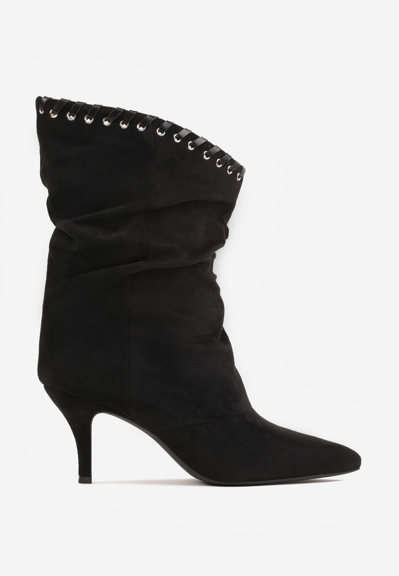 ideal Botine cu toc subțire din piele întoarsă ecologică cu carâmb fronsat și șnur decorativ Simia Negre