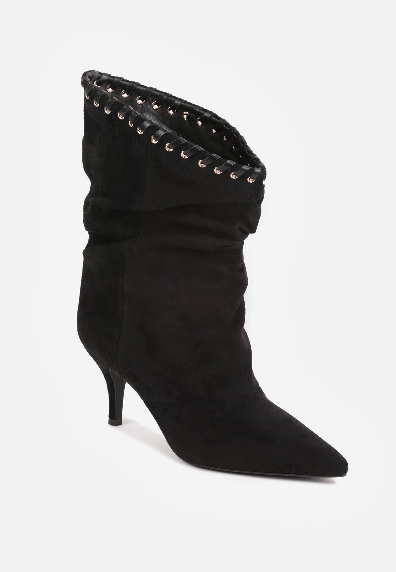 ideal Botine cu toc subțire din piele întoarsă ecologică cu carâmb fronsat și șnur decorativ Simia Negre
