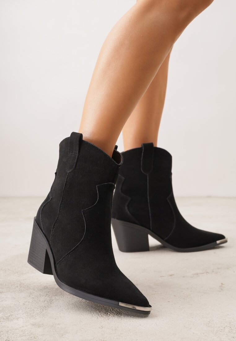 ideal Botine Negre Cowboy din Piele Naturală Decorate cu Vârf Metalic Saberra
