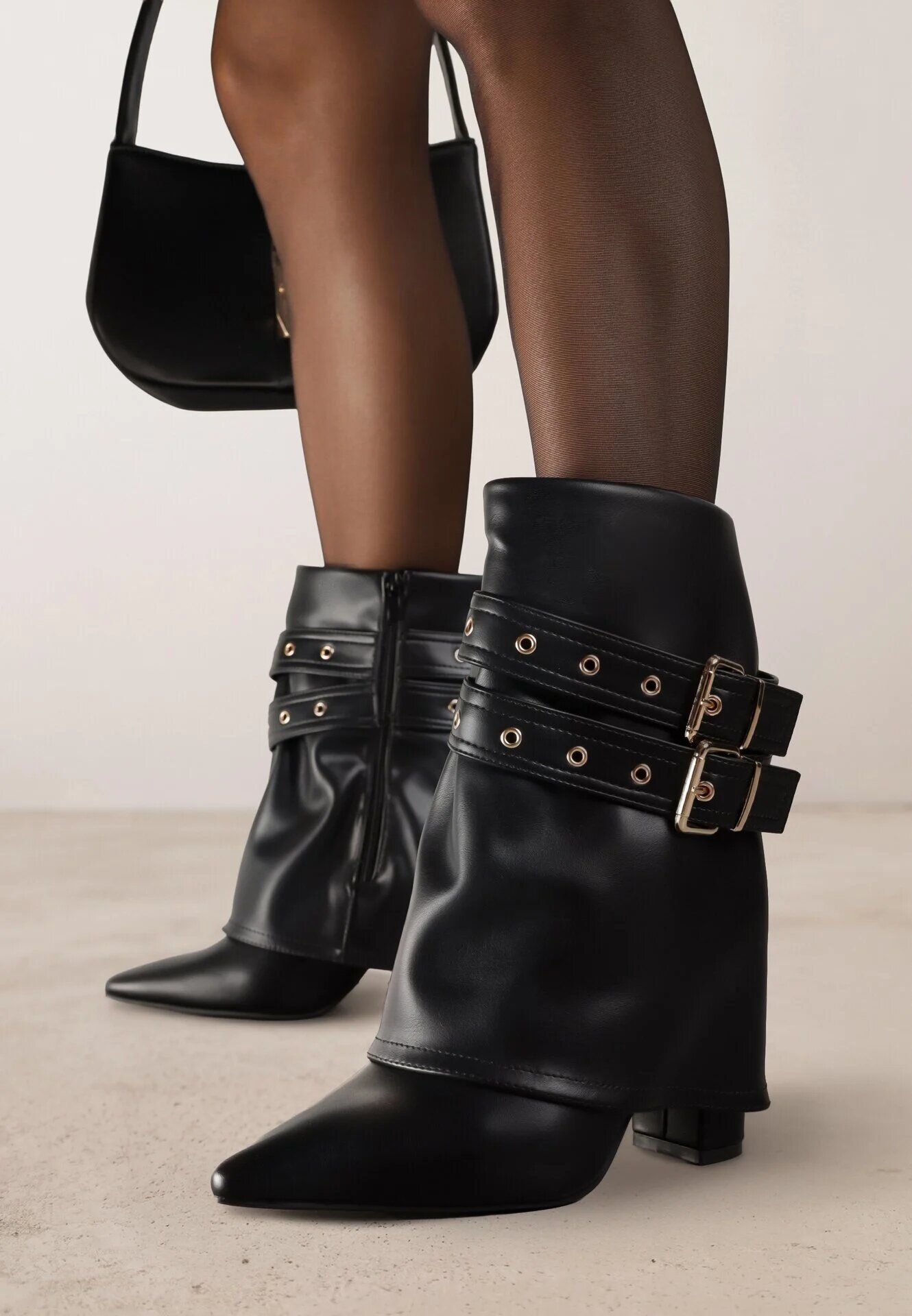 ideal Botine Negre Tip Cowboy cu Toc cu Guler Răsfrânt și Catarame Cidvire