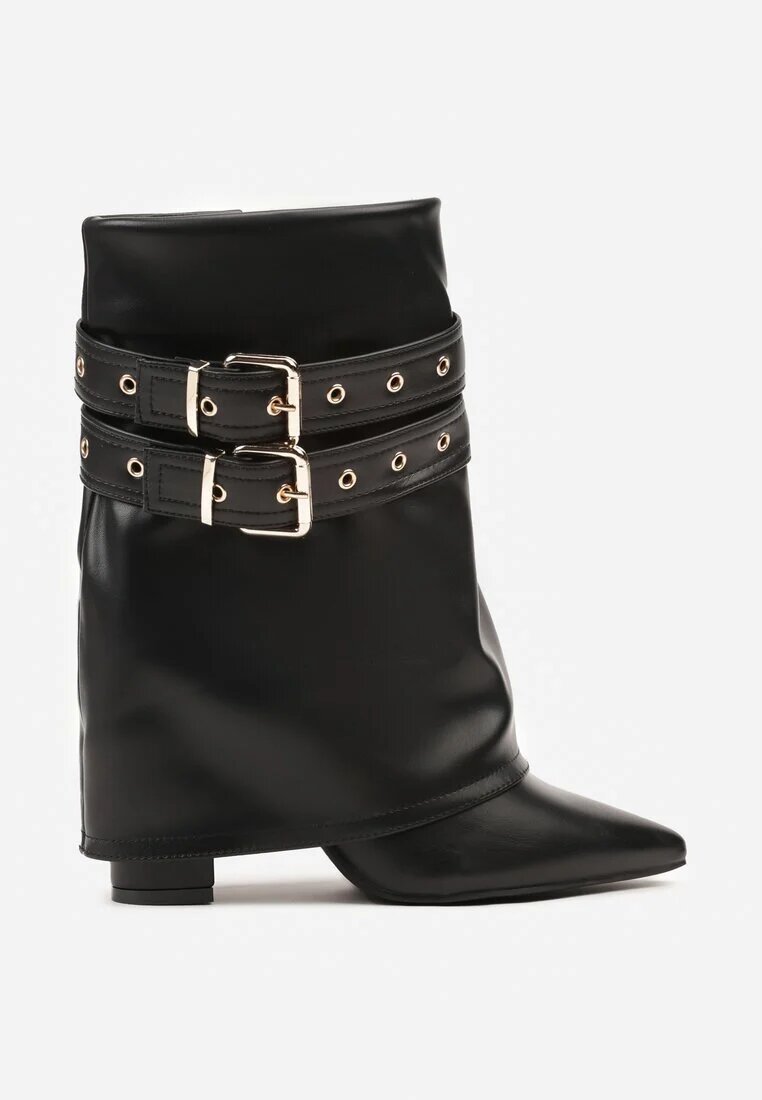 ideal Botine Negre Tip Cowboy cu Toc cu Guler Răsfrânt și Catarame Cidvire