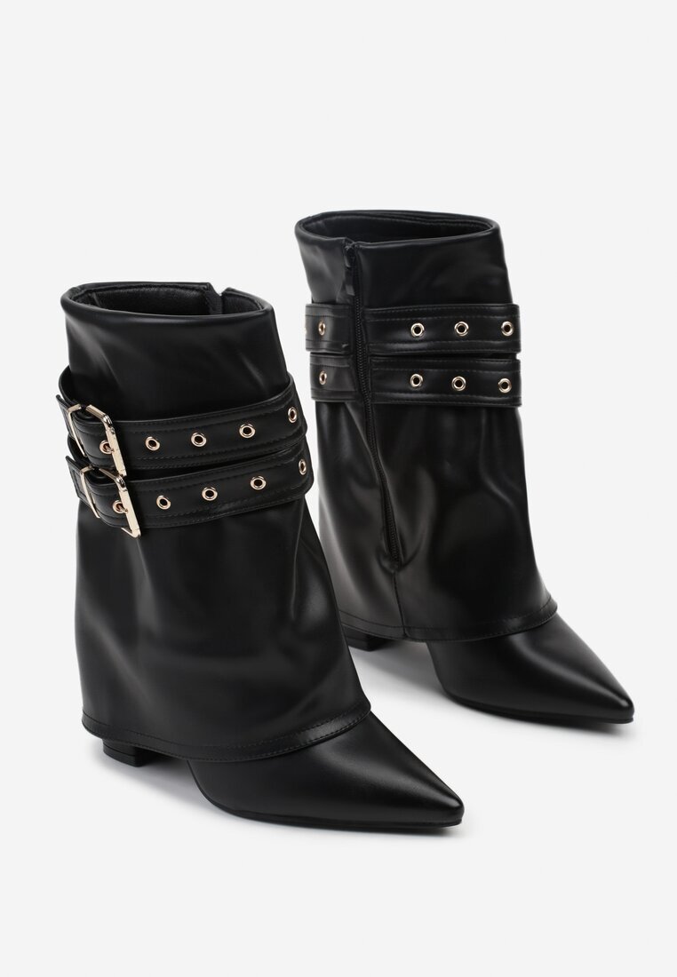 ideal Botine Negre Tip Cowboy cu Toc cu Guler Răsfrânt și Catarame Cidvire