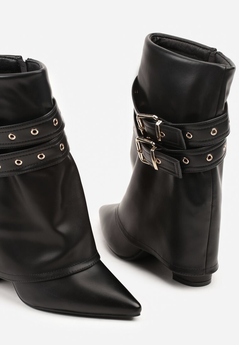 ideal Botine Negre Tip Cowboy cu Toc cu Guler Răsfrânt și Catarame Cidvire