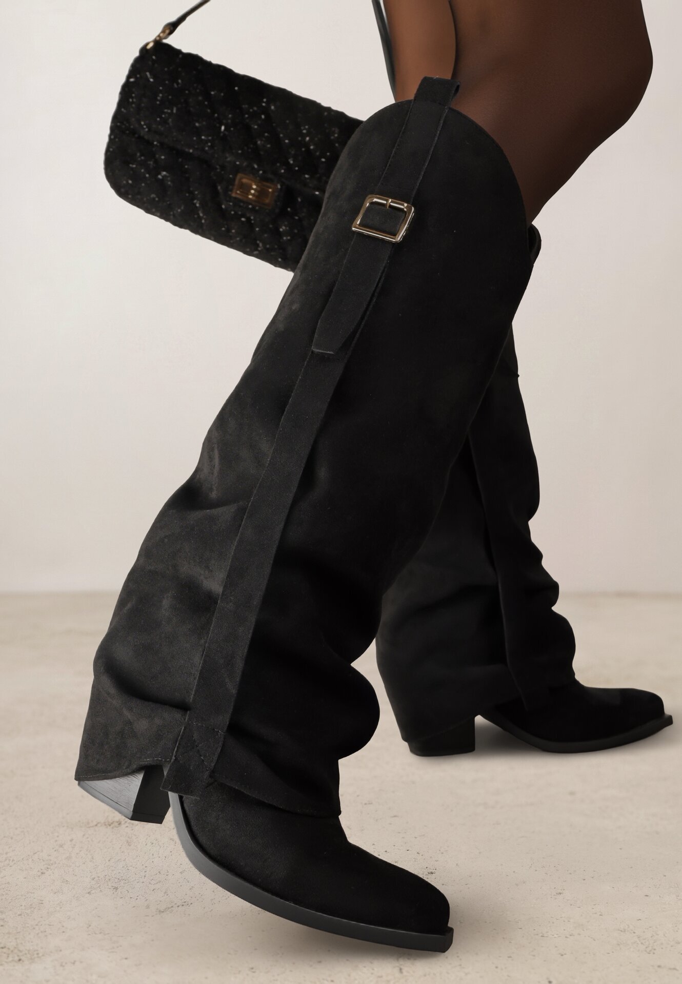 ideal Cizme Cowboy Negre pe toc conic cu carâmb răsfrânt și cataramă Naletea