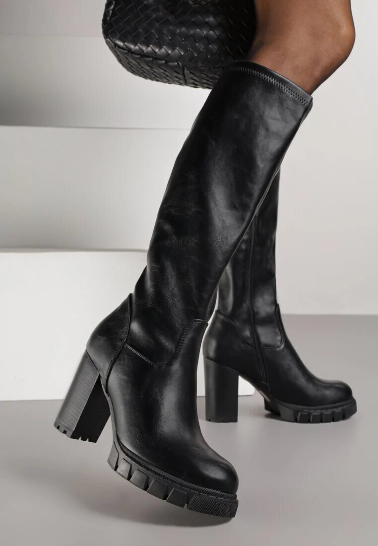 ideal Cizme Negre Clasice cu toc gros cu carâmb ajustat Lattinea