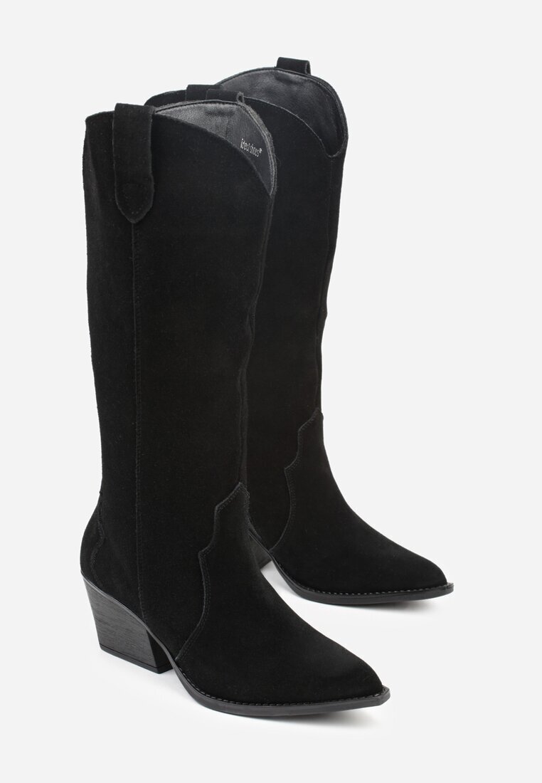 ideal Cizme Negre din piele intoarsă Cowboy pe Toc Conic Sevra
