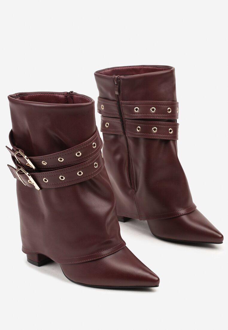 ideal Ghete Bordeaux Tip Cowboy cu Toc cu Manșetă Răsfrântă și Catarame Cidvire