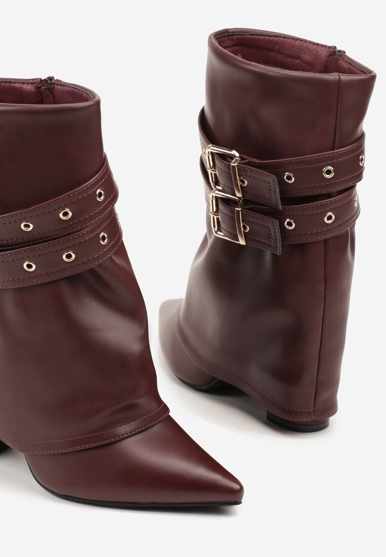 ideal Ghete Bordeaux Tip Cowboy cu Toc cu Manșetă Răsfrântă și Catarame Cidvire