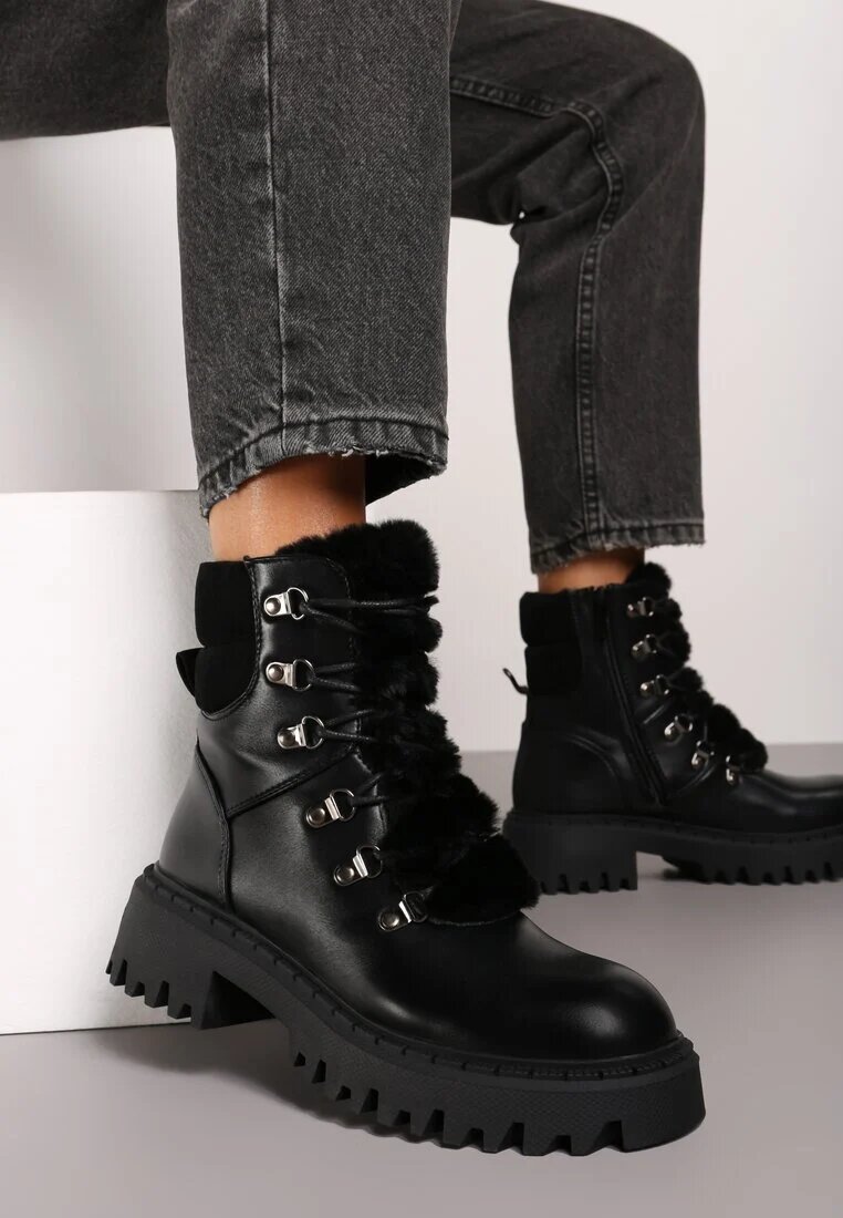 ideal Ghete trapper casual negre decorate cu blăniță pe limbă Charnas