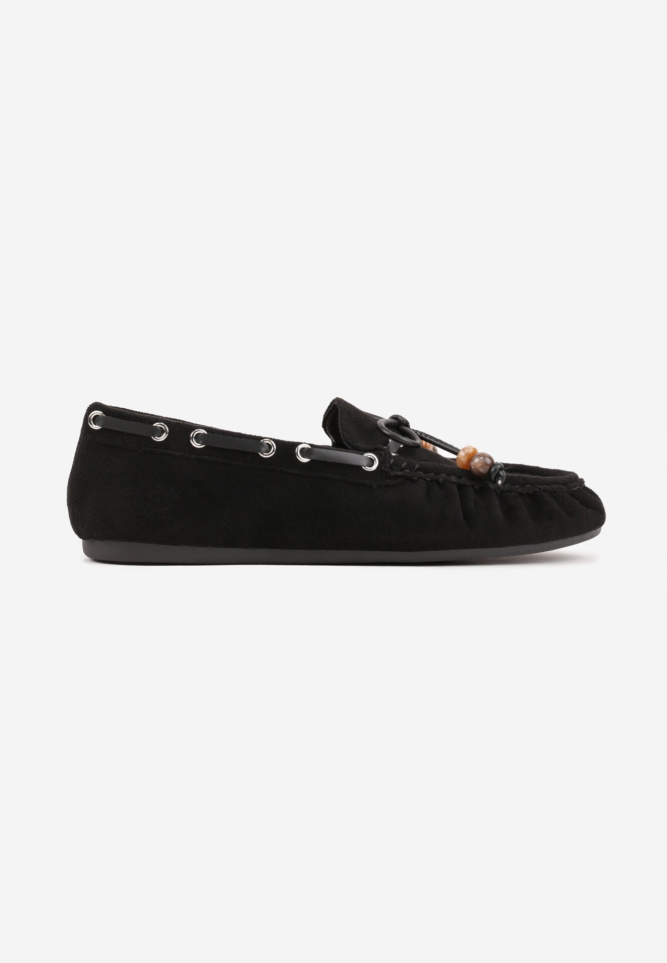 ideal Mocasini Negri cu Cusături Decorative cu Mărgele și Fundă Mountainthorne