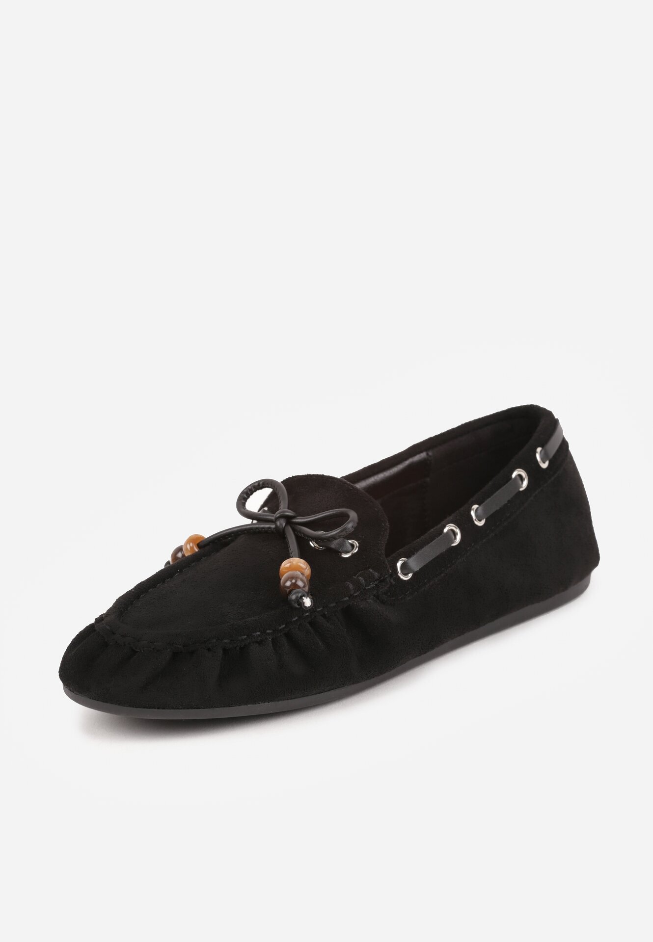 ideal Mocasini Negri cu Cusături Decorative cu Mărgele și Fundă Mountainthorne