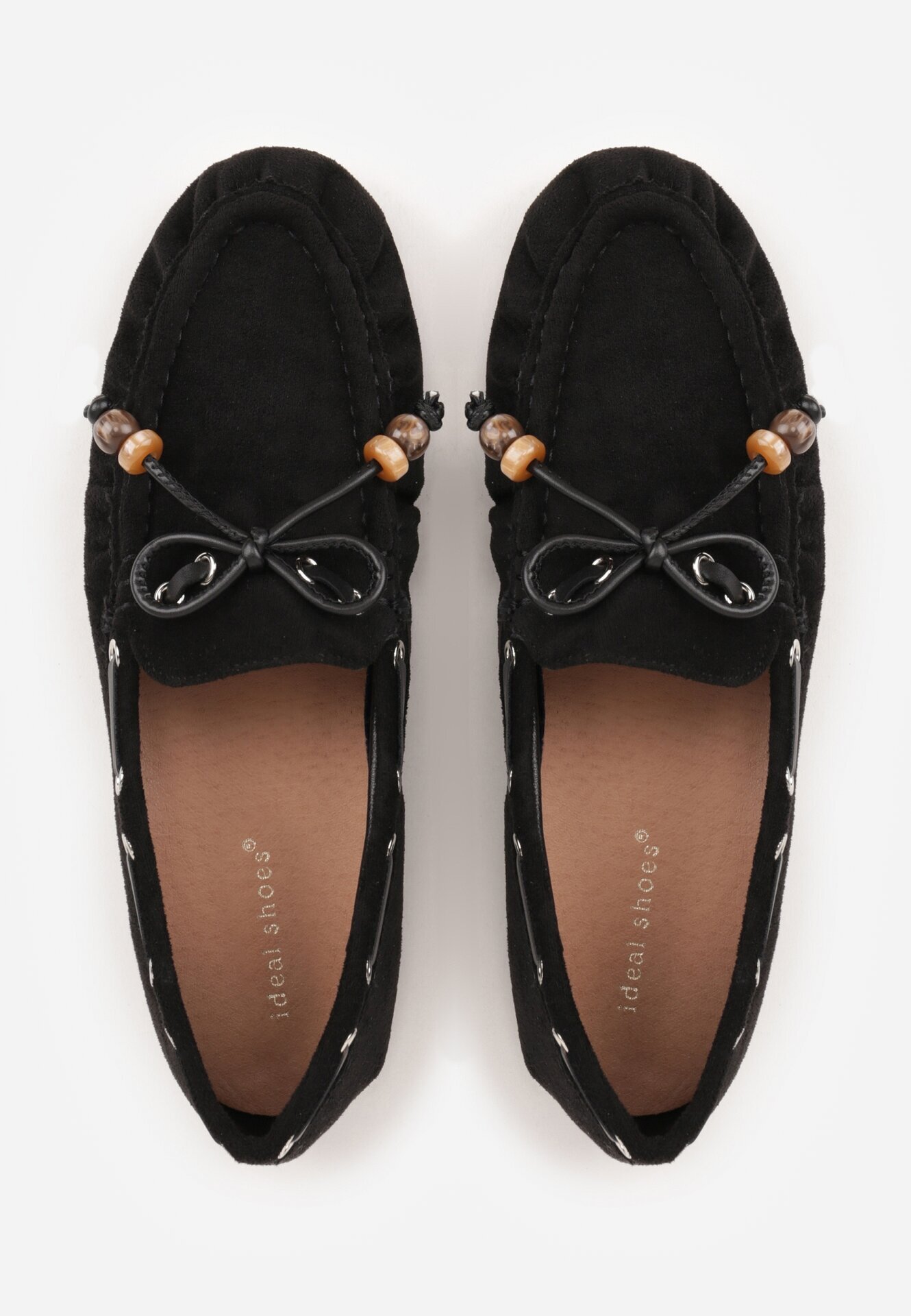 ideal Mocasini Negri cu Cusături Decorative cu Mărgele și Fundă Mountainthorne