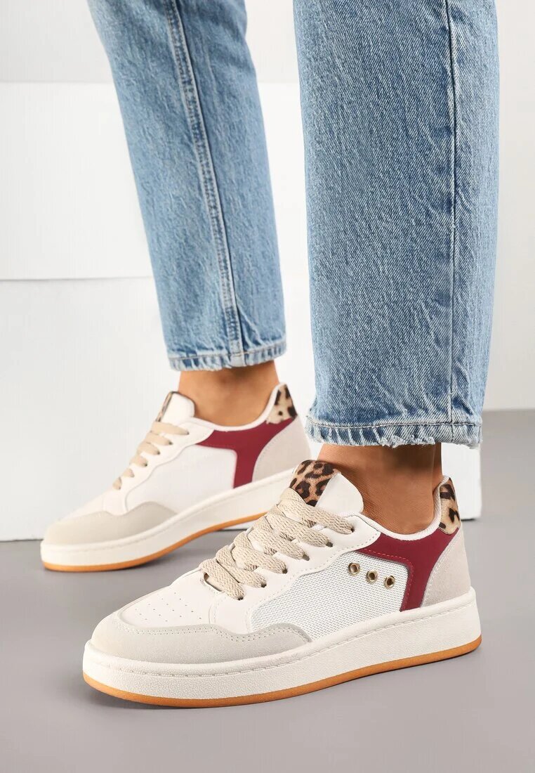 ideal Sneakers Bej-Bordeaux cu Cusături Decorative în Stil Streetwear Neoniela