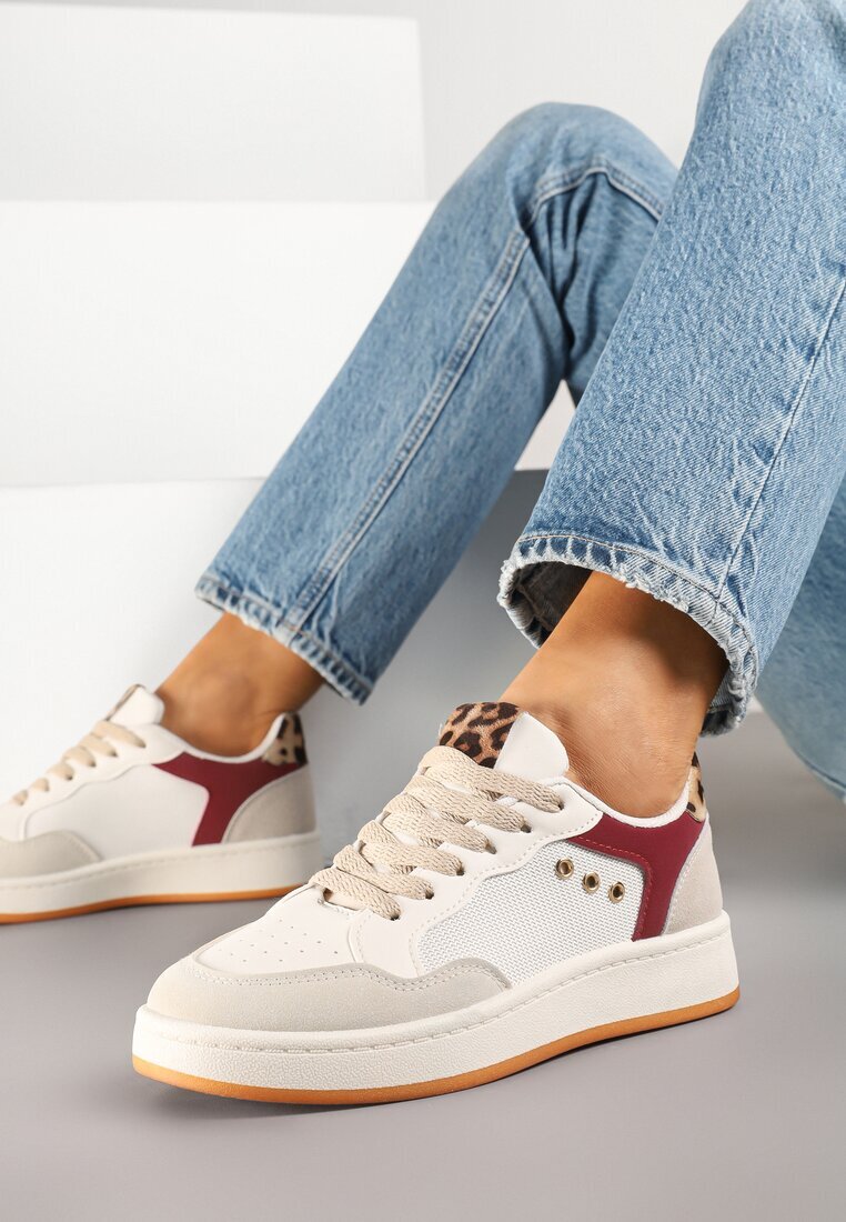 ideal Sneakers Bej-Bordeaux cu Cusături Decorative în Stil Streetwear Neoniela