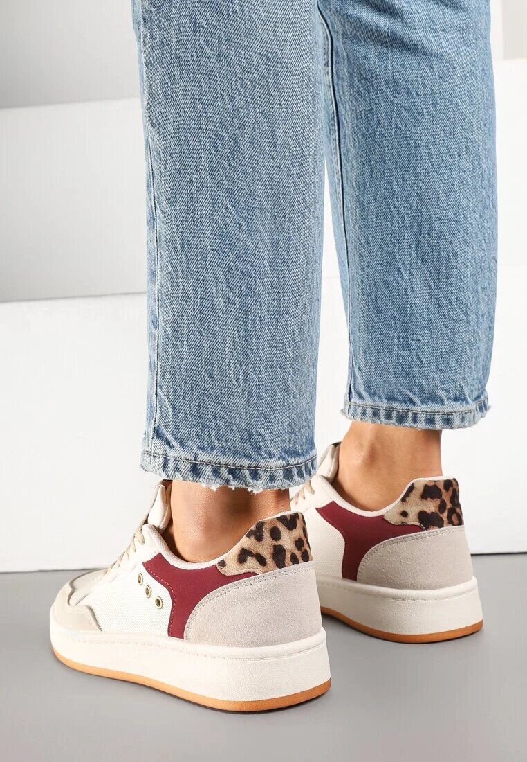 ideal Sneakers Bej-Bordeaux cu Cusături Decorative în Stil Streetwear Neoniela